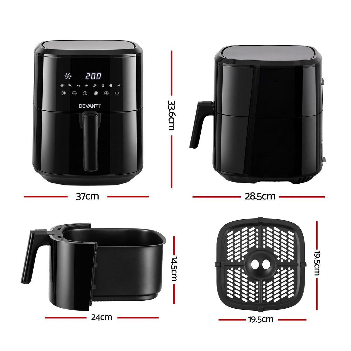 Air Fryer 6.5L 1700W Digital Touch 8 Presets Non-Stick Basket Black