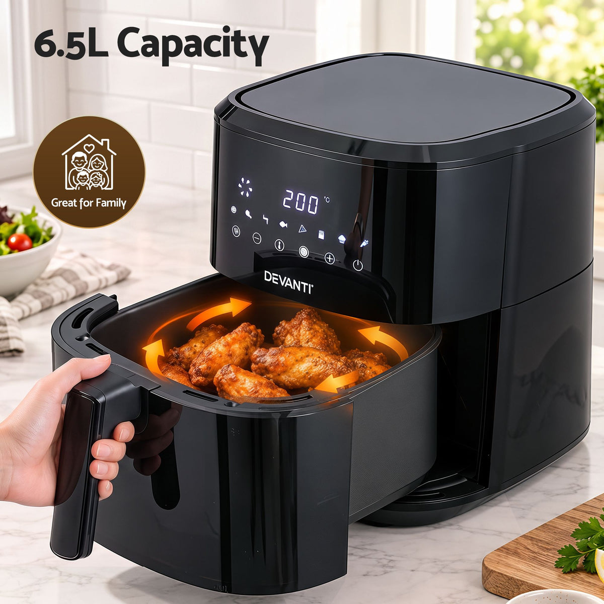 Air Fryer 6.5L 1700W Digital Touch 8 Presets Non-Stick Basket Black