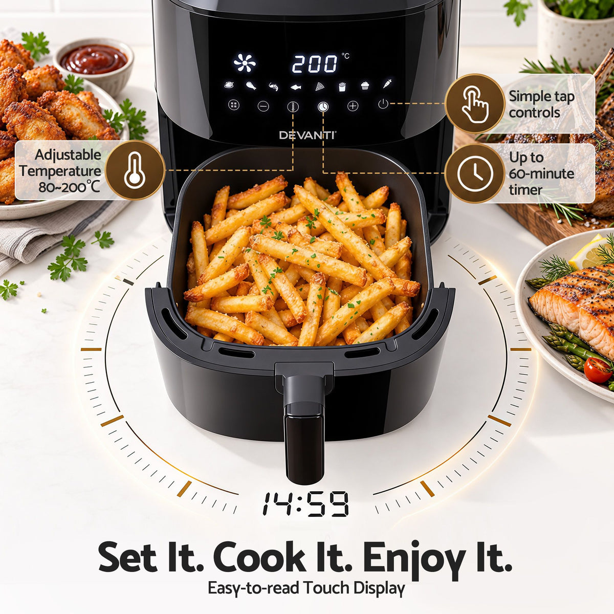 Air Fryer 6.5L 1700W Digital Touch 8 Presets Non-Stick Basket Black