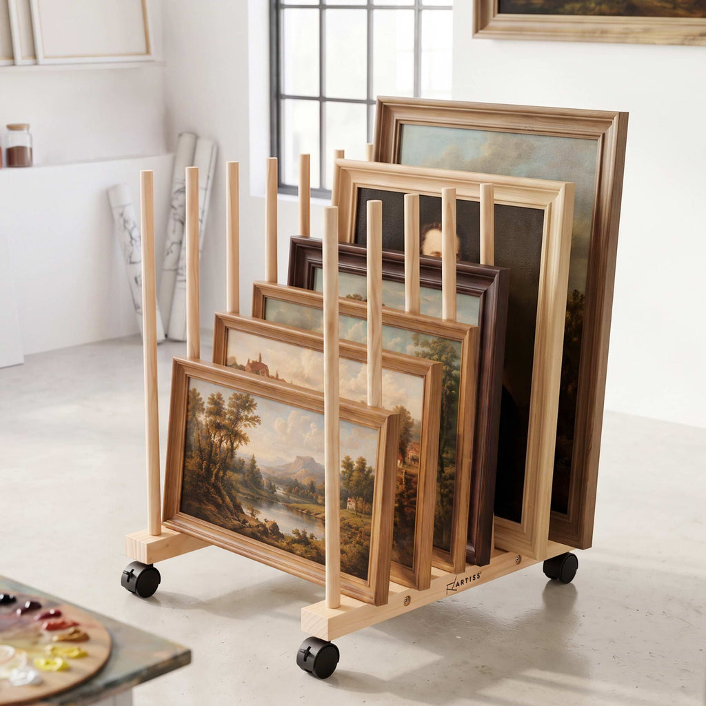 Wooden Art Drying & Canvas Storage Rack with Caster Wheels for Studio,Galleries,Classroom