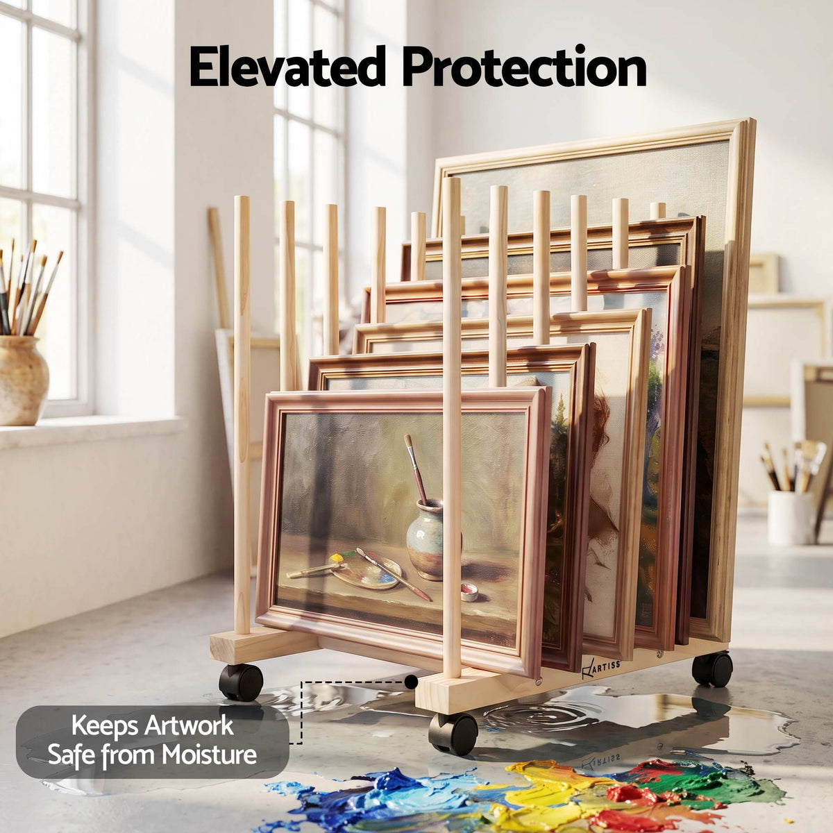 Wooden Art Drying & Canvas Storage Rack with Caster Wheels for Studio,Galleries,Classroom