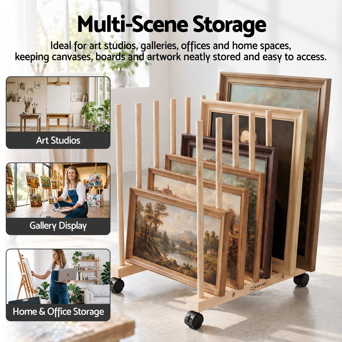 Wooden Art Drying & Canvas Storage Rack with Caster Wheels for Studio,Galleries,Classroom