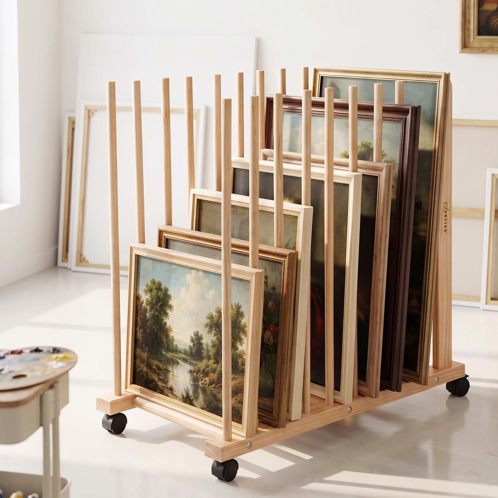 Art Drying & Storage Rack with Caster Wheels, Solid Wood Adjustable Slots Rack for