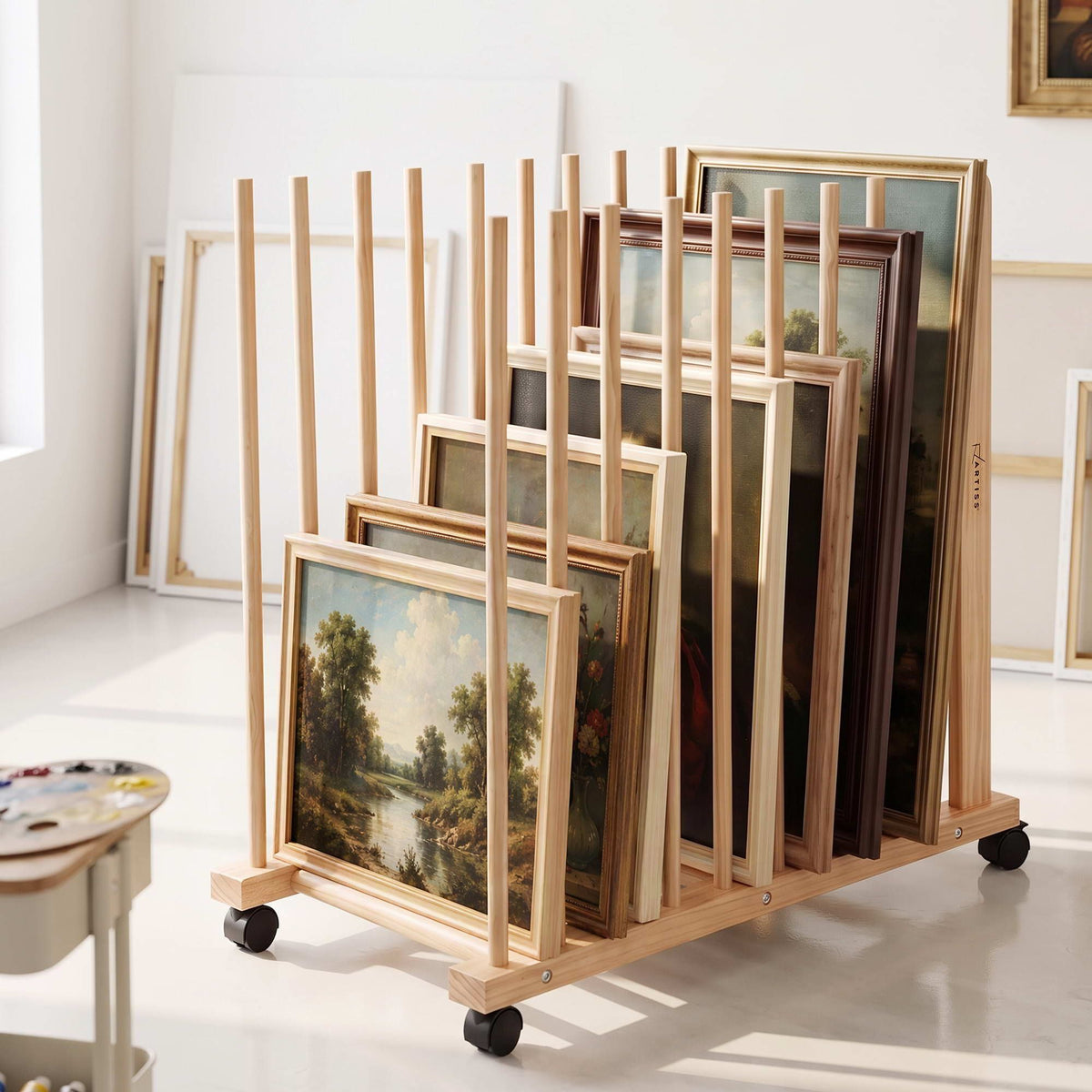 Art Drying & Storage Rack with Caster Wheels, Solid Wood Adjustable Slots Rack for