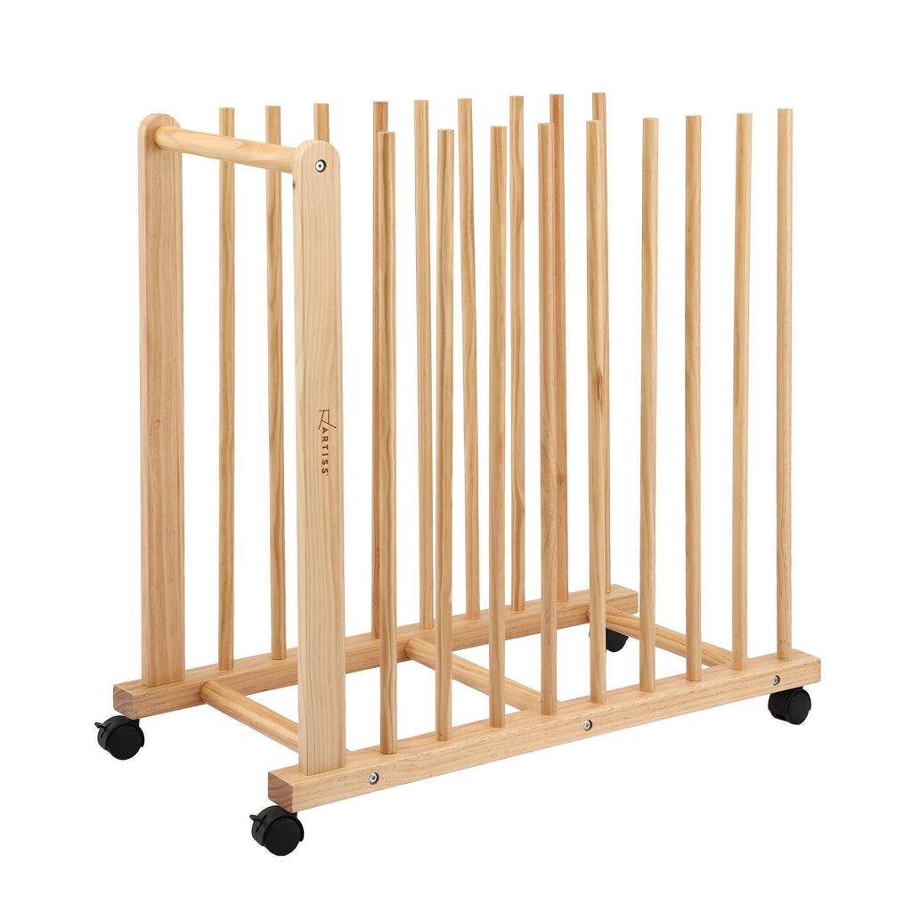 Art Drying & Storage Rack with Caster Wheels, Solid Wood Adjustable Slots Rack for