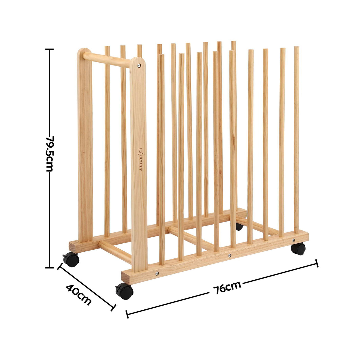 Art Drying & Storage Rack with Caster Wheels, Solid Wood Adjustable Slots Rack for