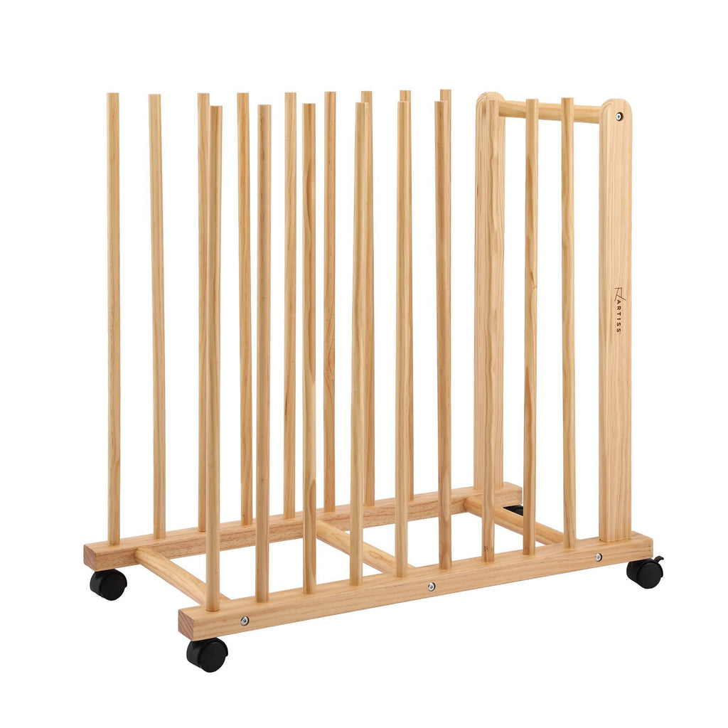 Art Drying & Storage Rack with Caster Wheels, Solid Wood Adjustable Slots Rack for