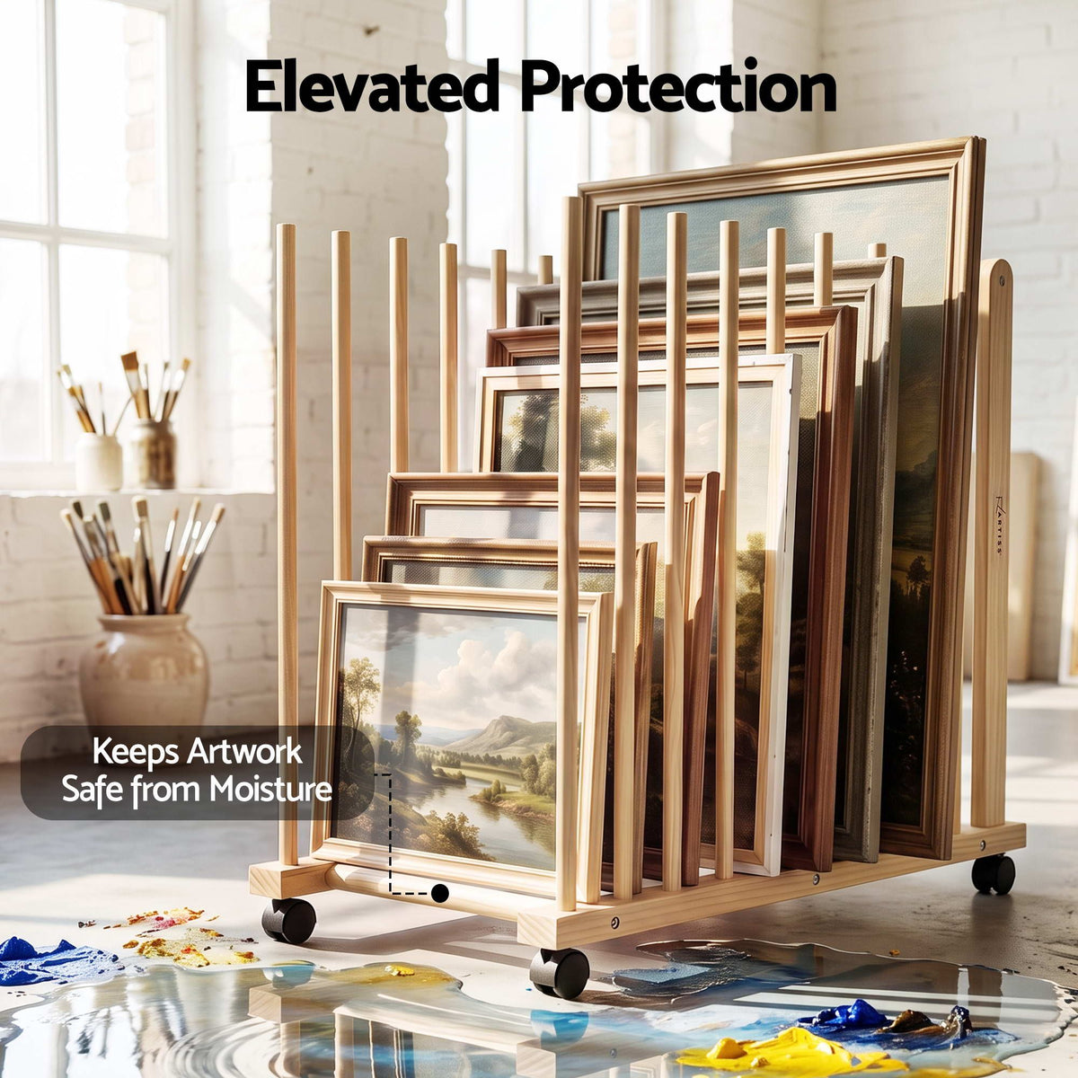 Art Drying & Storage Rack with Caster Wheels, Solid Wood Adjustable Slots Rack for