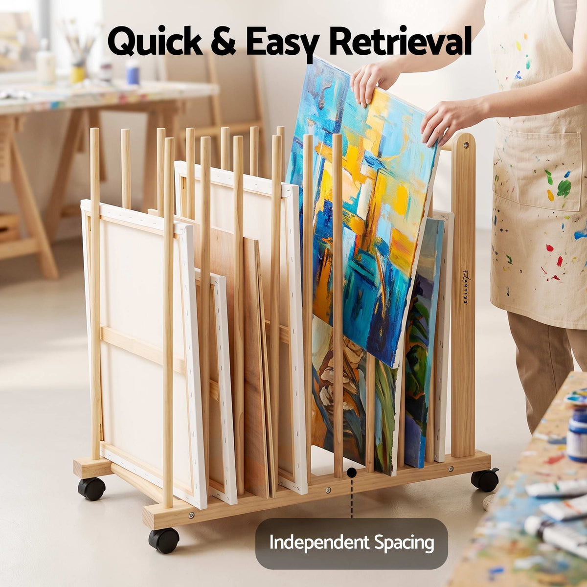 Art Drying & Storage Rack with Caster Wheels, Solid Wood Adjustable Slots Rack for