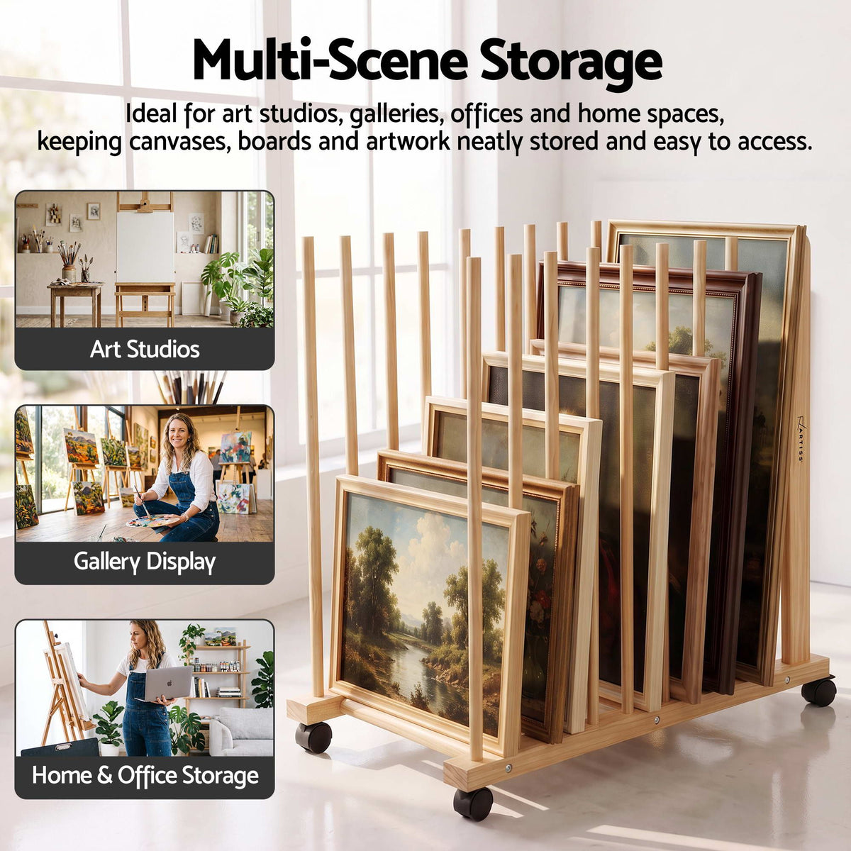 Art Drying & Storage Rack with Caster Wheels, Solid Wood Adjustable Slots Rack for