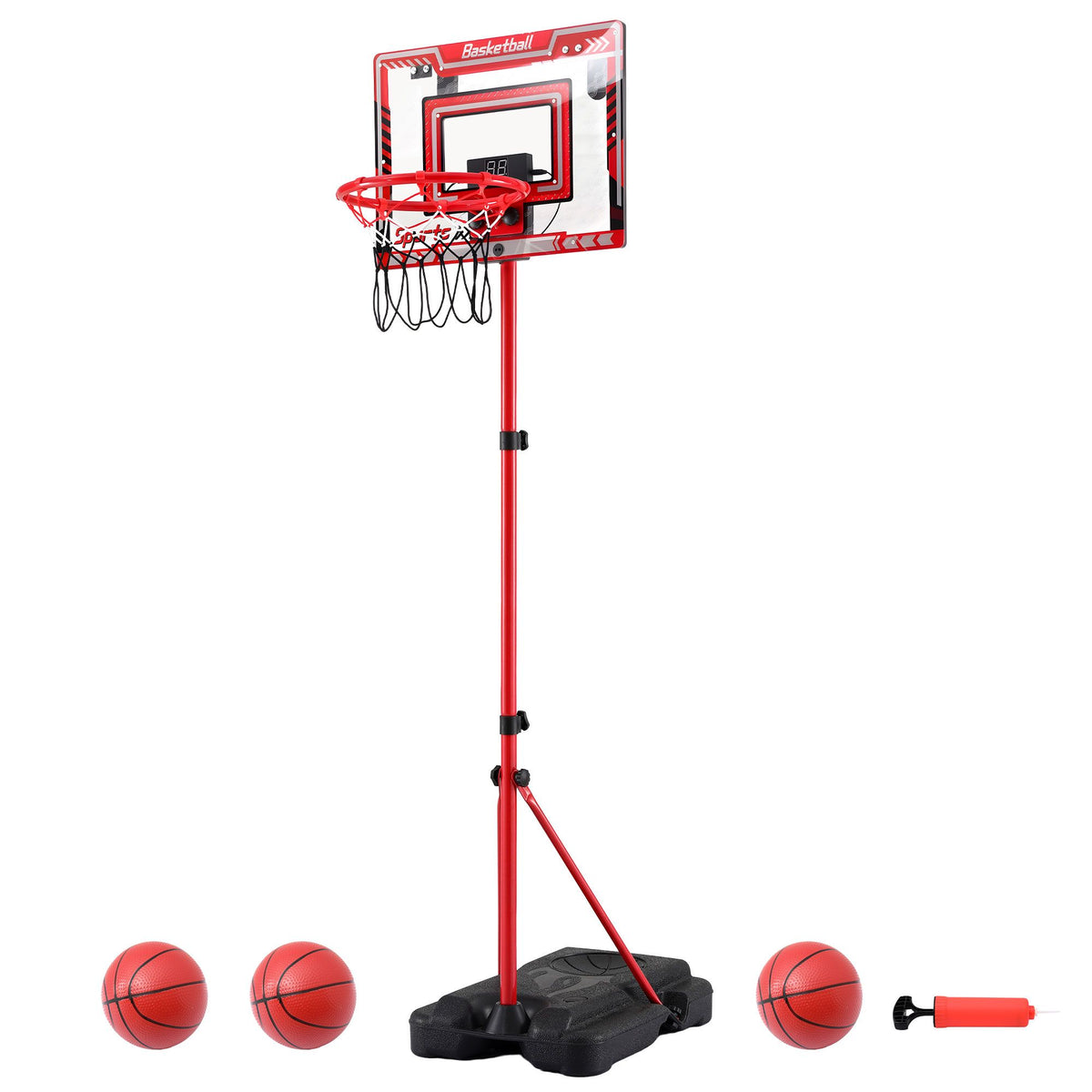 2 in 1 Kids Basketball Hoop Adjustable Stand Over Door Scoreboard Red