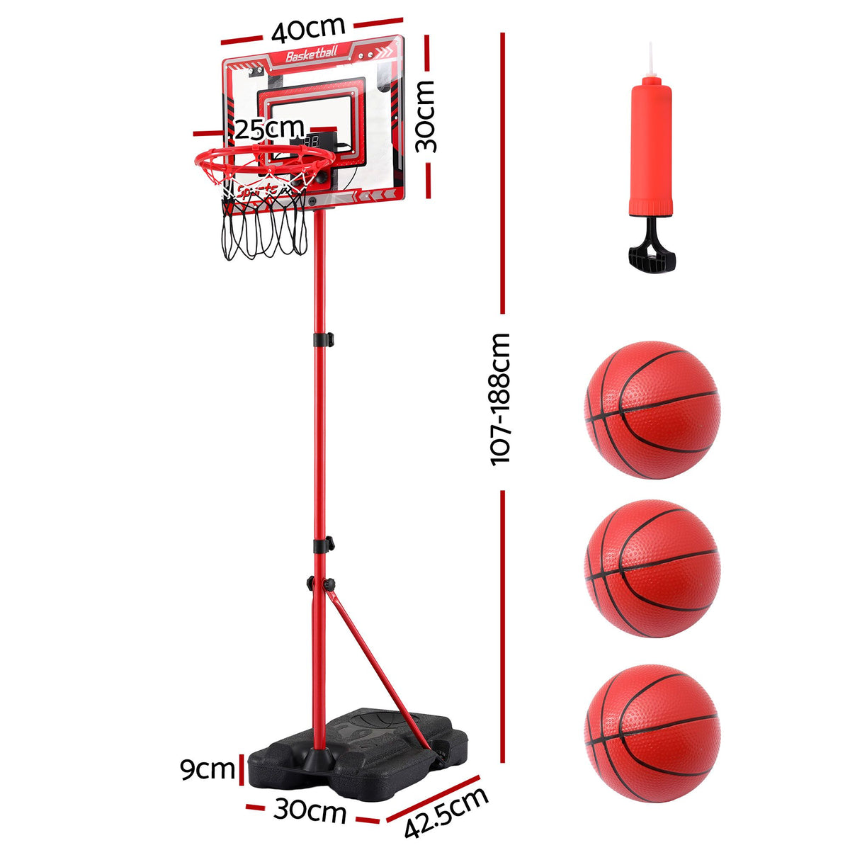 2 in 1 Kids Basketball Hoop Adjustable Stand Over Door Scoreboard Red