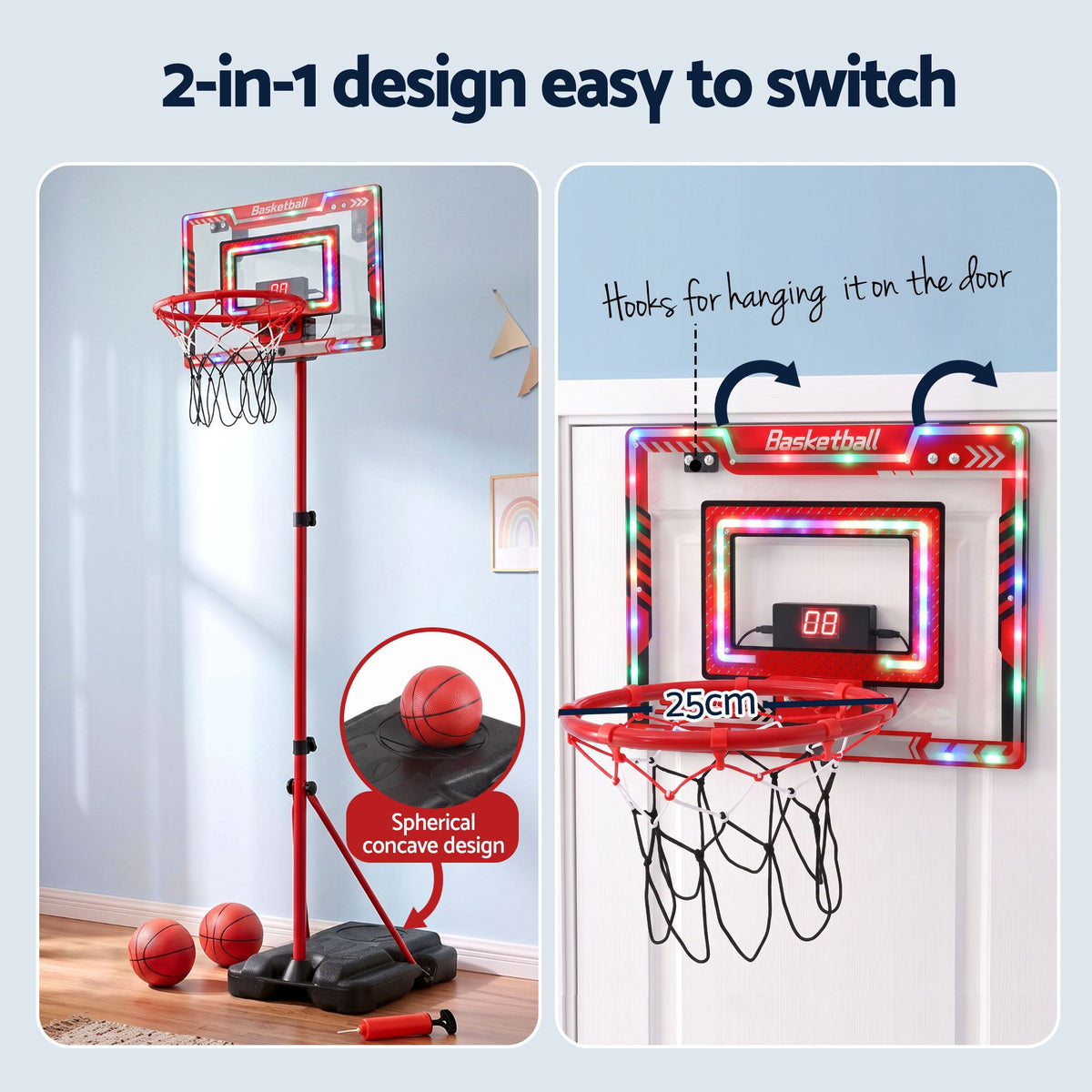 2 in 1 Kids Basketball Hoop Adjustable Stand Over Door Scoreboard Red