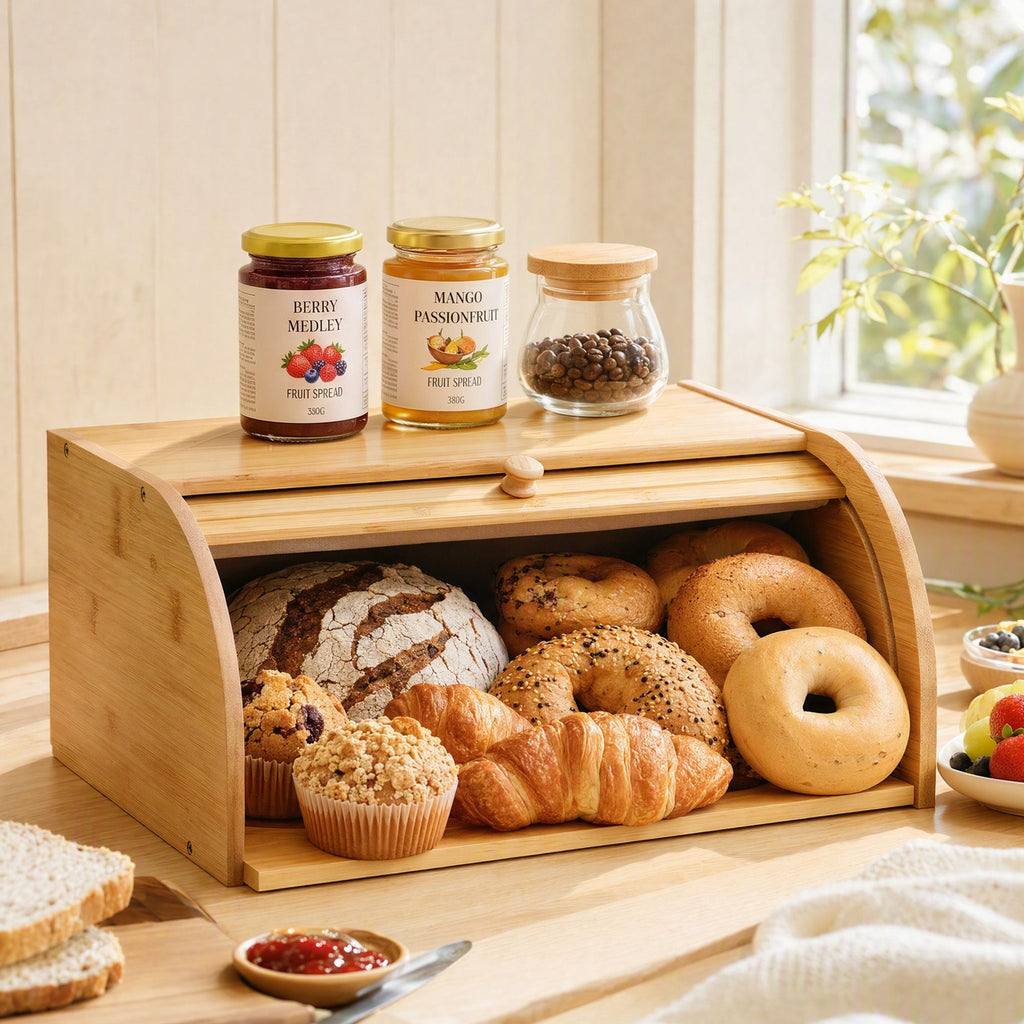 Bamboo Bread Box Bin Roll Top Kitchen Countertop Storage 45cm Natural