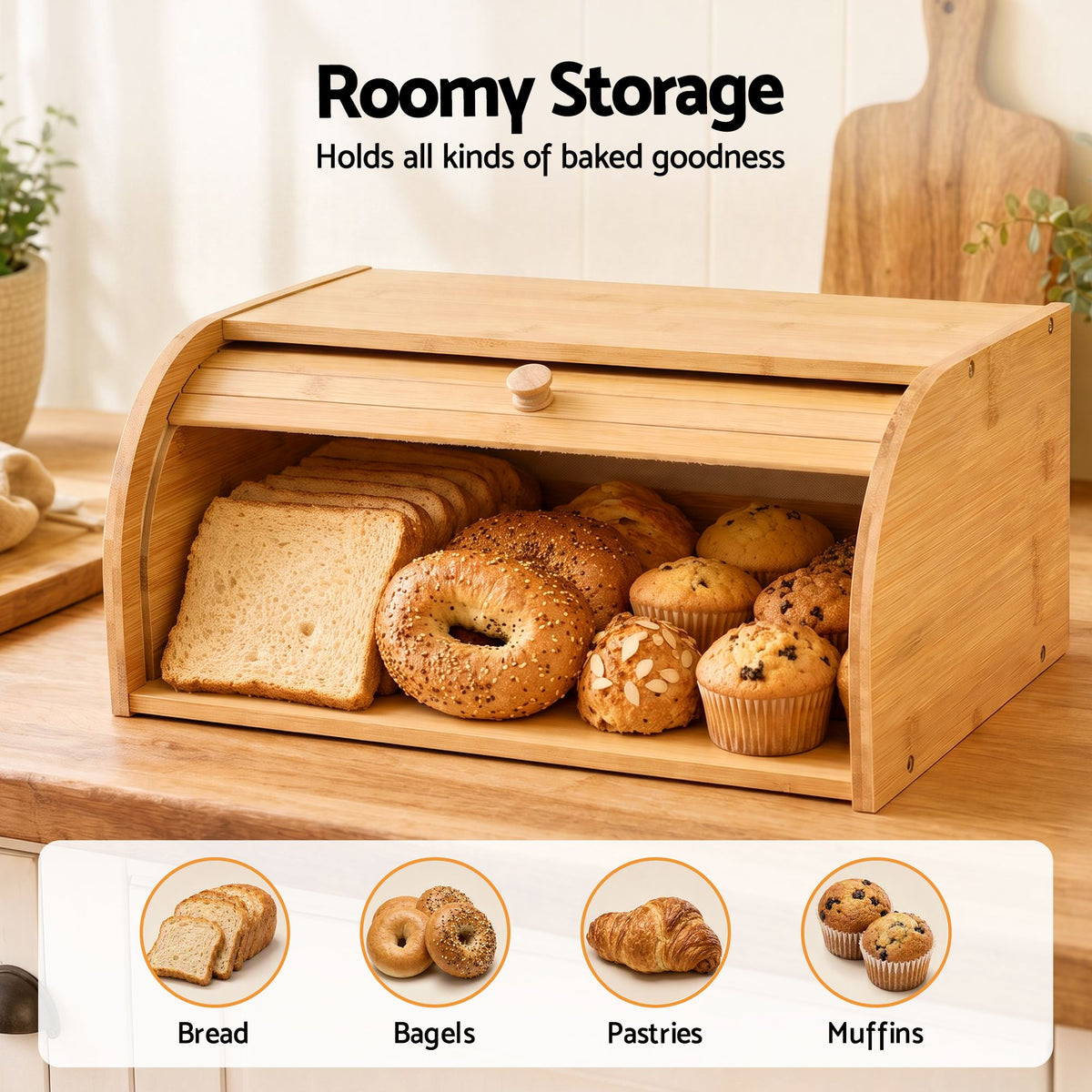 Bamboo Bread Box Bin Roll Top Kitchen Countertop Storage 45cm Natural