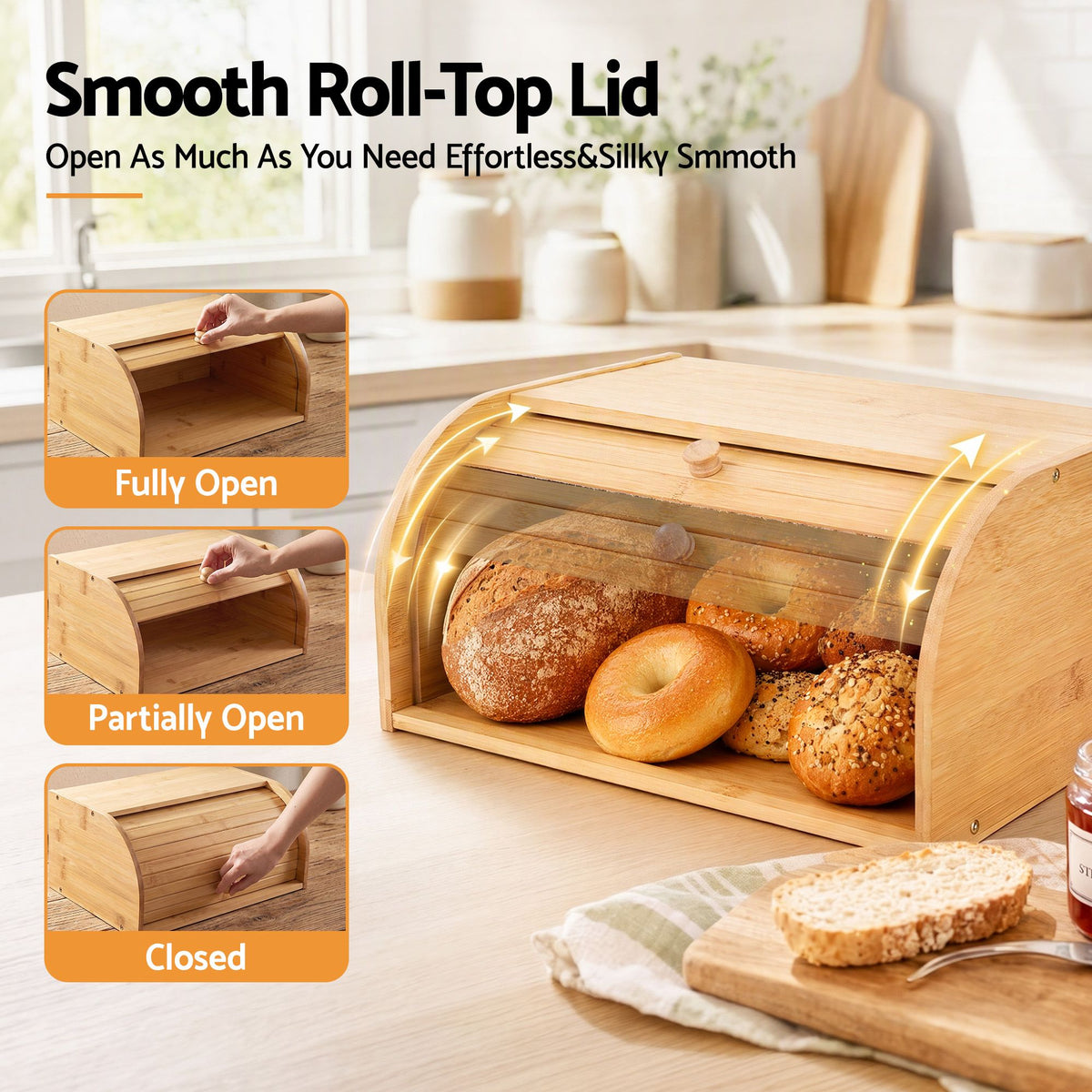 Bamboo Bread Box Bin Roll Top Kitchen Countertop Storage 45cm Natural