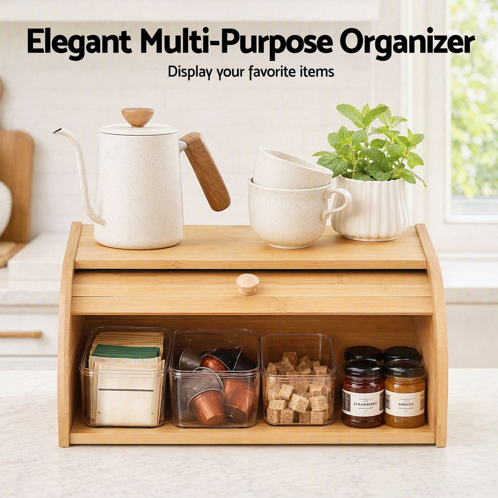 Bamboo Bread Box Bin Roll Top Kitchen Countertop Storage 45cm Natural