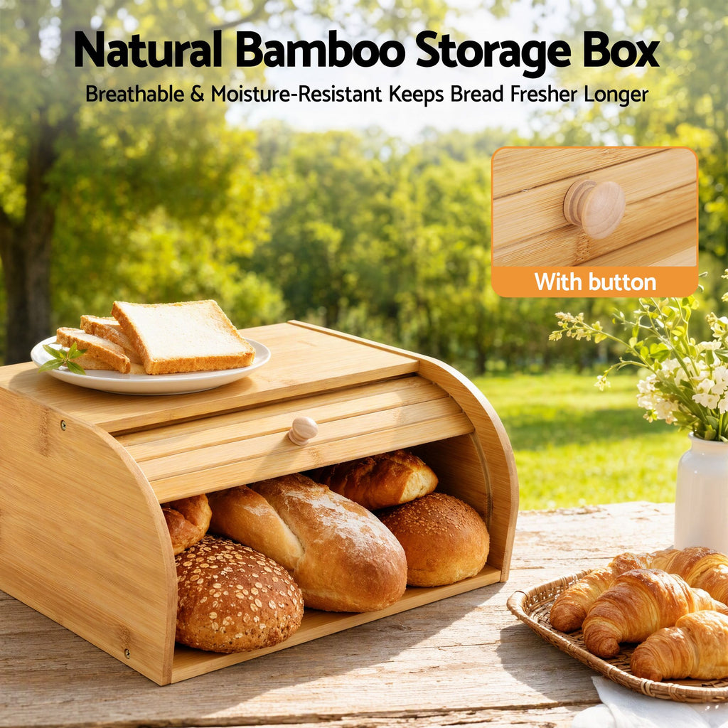 Bamboo Bread Box Bin Roll Top Kitchen Countertop Storage 45cm Natural