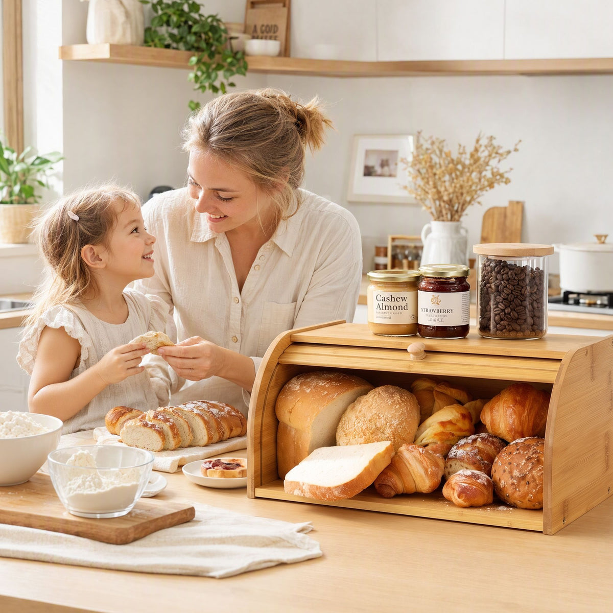 Bamboo Bread Box Bin Roll Top Kitchen Countertop Storage 45cm Natural