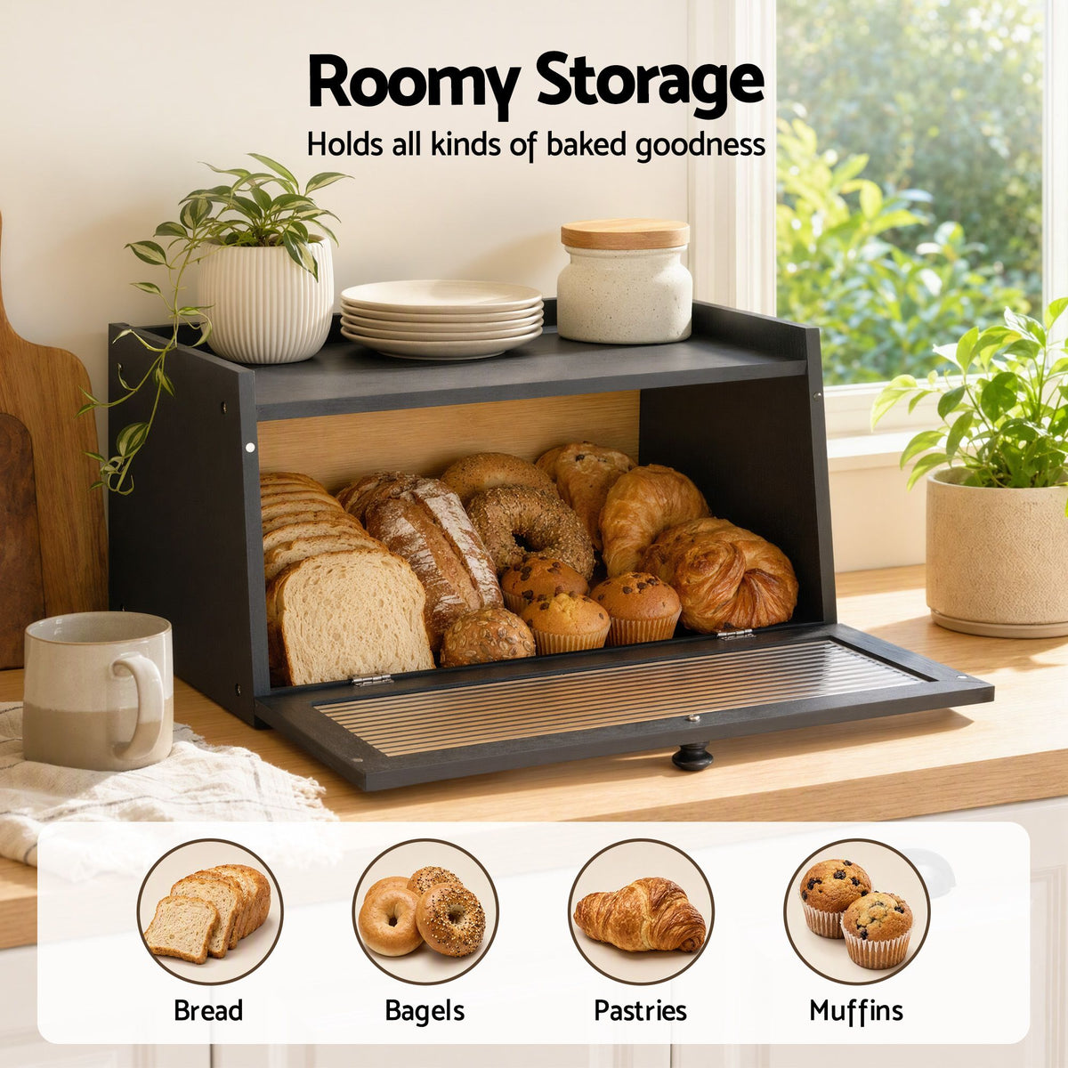 Bamboo Bread Box Kitchen Countertop Storage Clear Window Shelf 40cm Black
