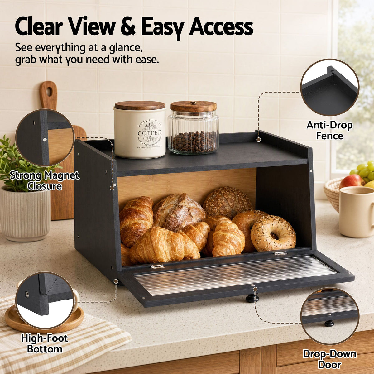 Bamboo Bread Box Kitchen Countertop Storage Clear Window Shelf 40cm Black