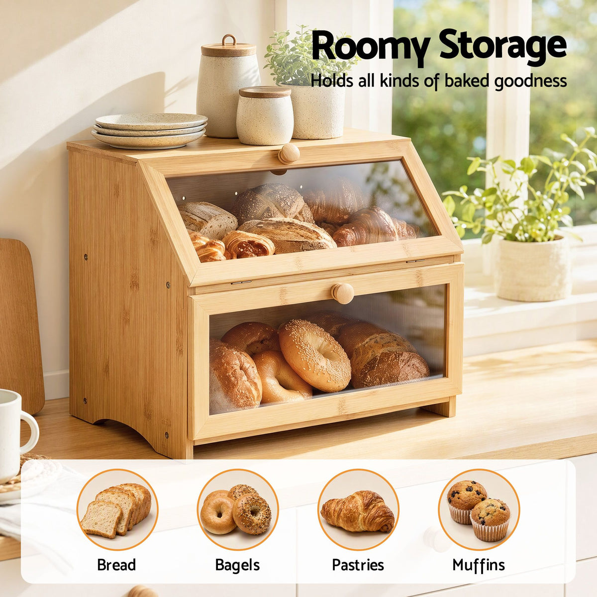 Bamboo Bread Box 2-Tier Kitchen Countertop Storage 39cm Natural