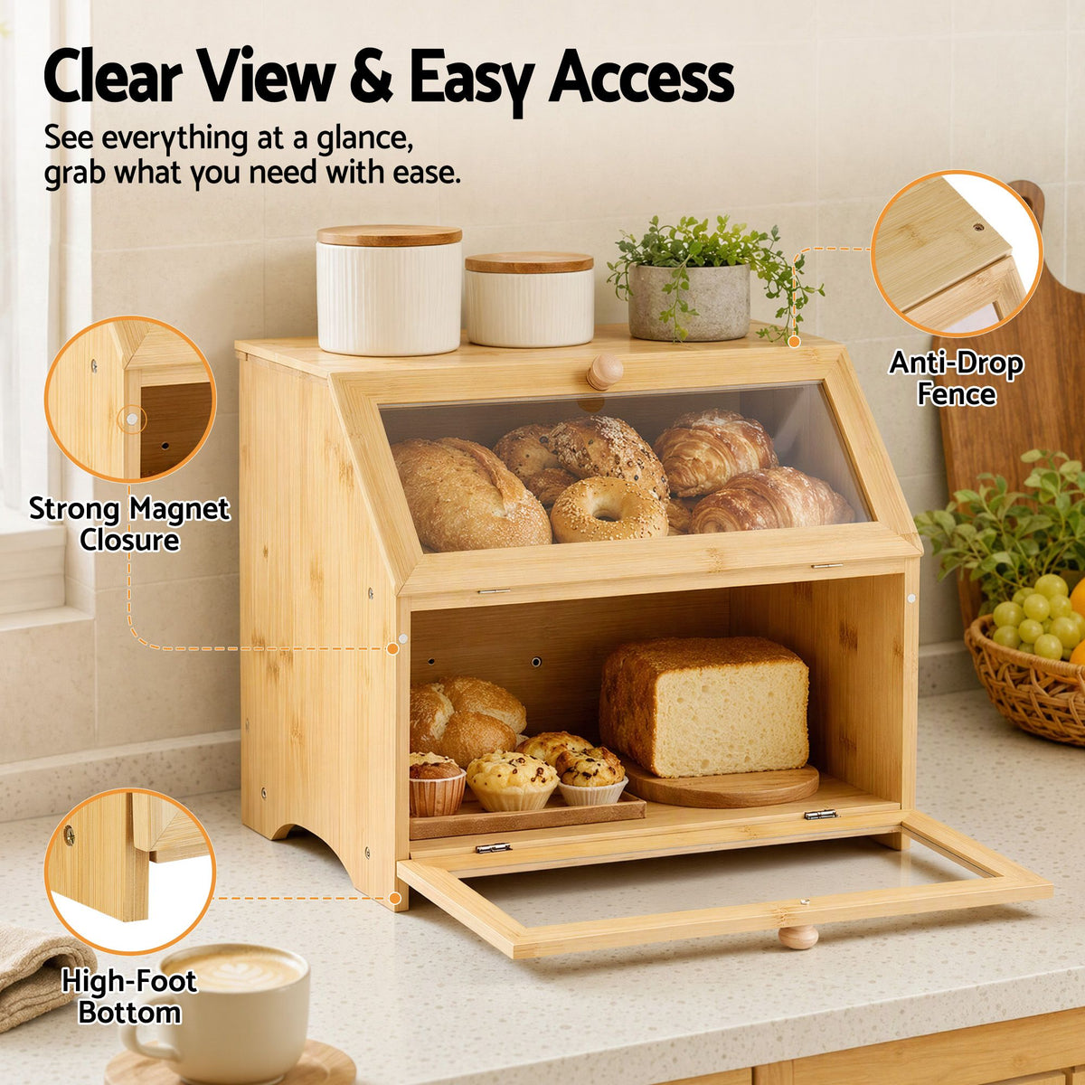 Bamboo Bread Box 2-Tier Kitchen Countertop Storage 39cm Natural