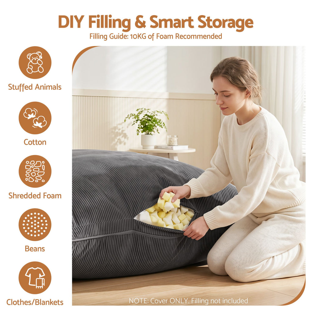 3 in 1 Bean Bag Chair Cover (No Filler) Convertible Bean Bag for Adults, Corduroy Stuffed