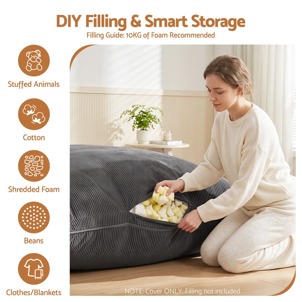 3 in 1 Bean Bag Chair Cover (No Filler) Convertible Bean Bag for Adults, Corduroy Stuffed