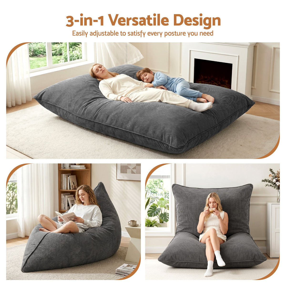 3 in 1 Bean Bag Chair Cover (No Filler) Convertible Bean Bag for Adults, Corduroy Stuffed