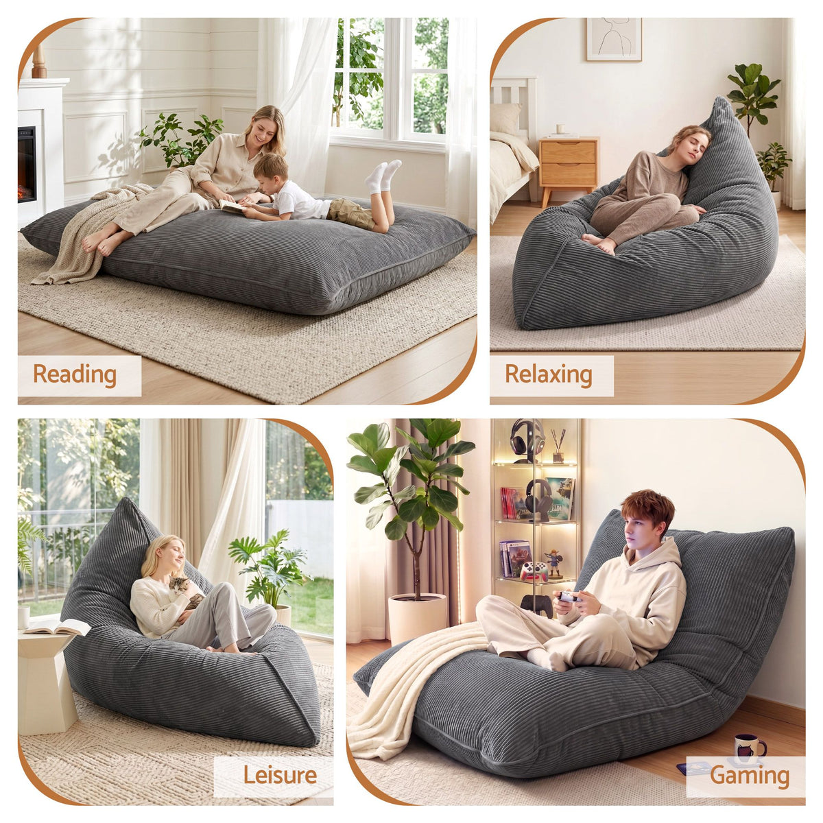 3 in 1 Bean Bag Chair Cover (No Filler) Convertible Bean Bag for Adults, Corduroy Stuffed