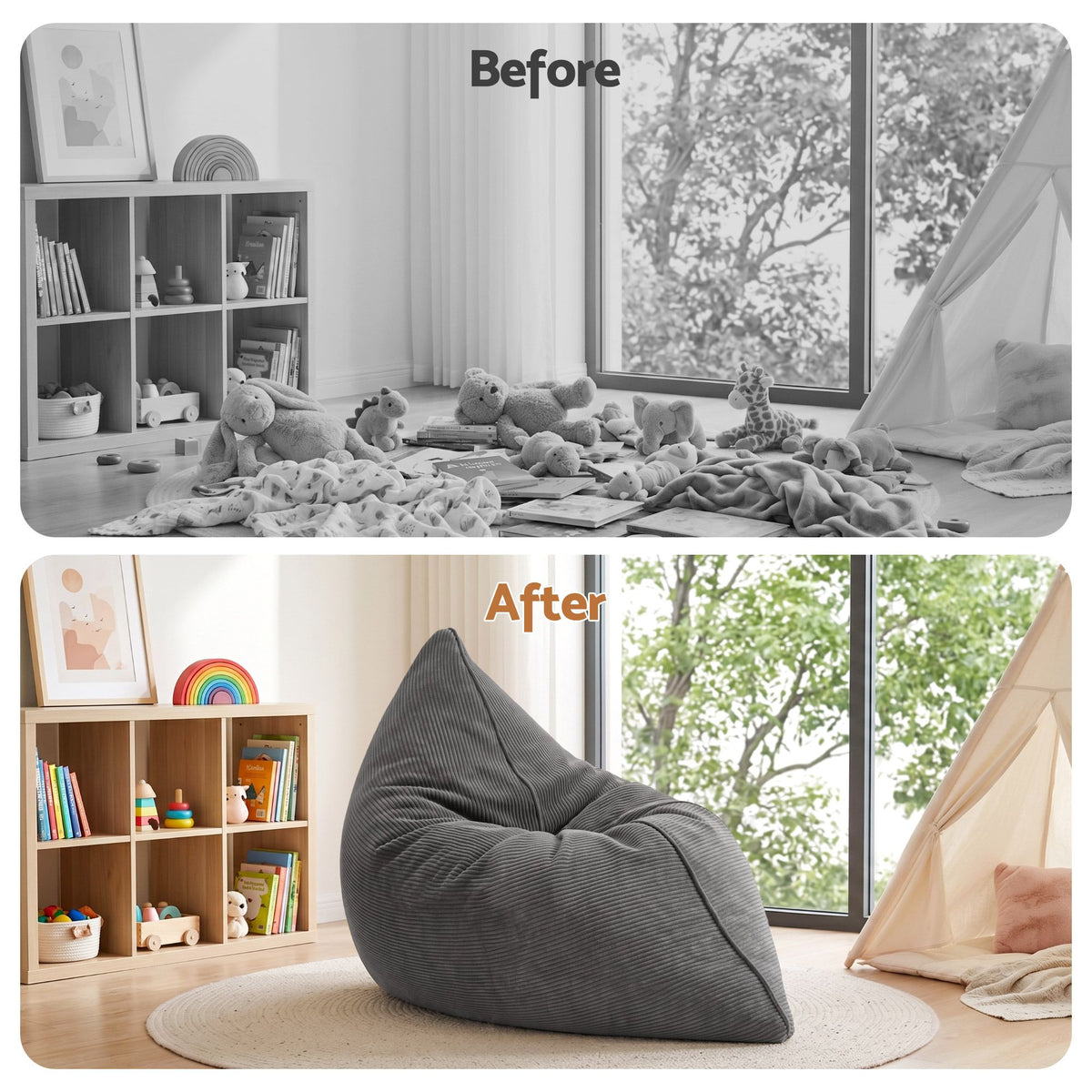 3 in 1 Bean Bag Chair Cover (No Filler) Convertible Bean Bag for Adults, Corduroy Stuffed