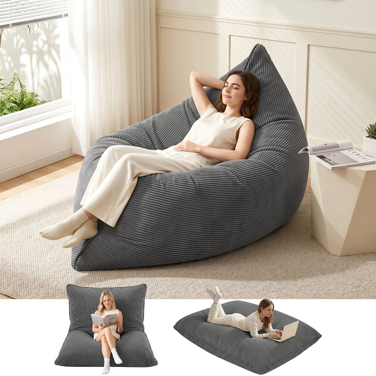 3 in 1 Bean Bag Chair Cover (No Filler) Convertible Bean Bag for Adults, Corduroy Stuffed