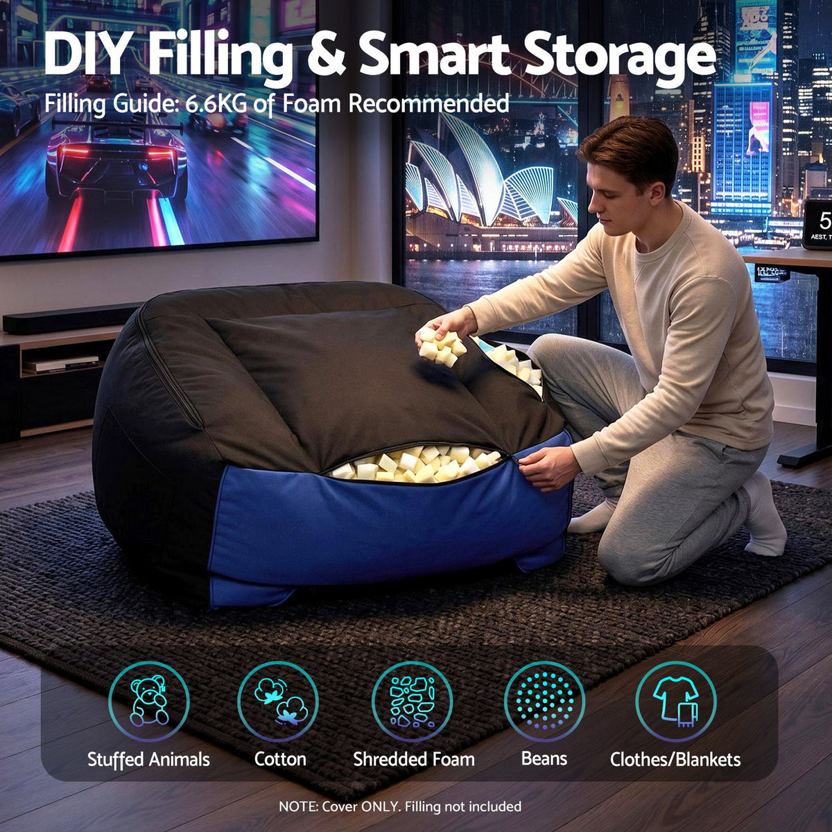 Gaming Bean Bag Chair Cover (No Filler) for Adults Teens Kids Splash-Proof Floor Gaming