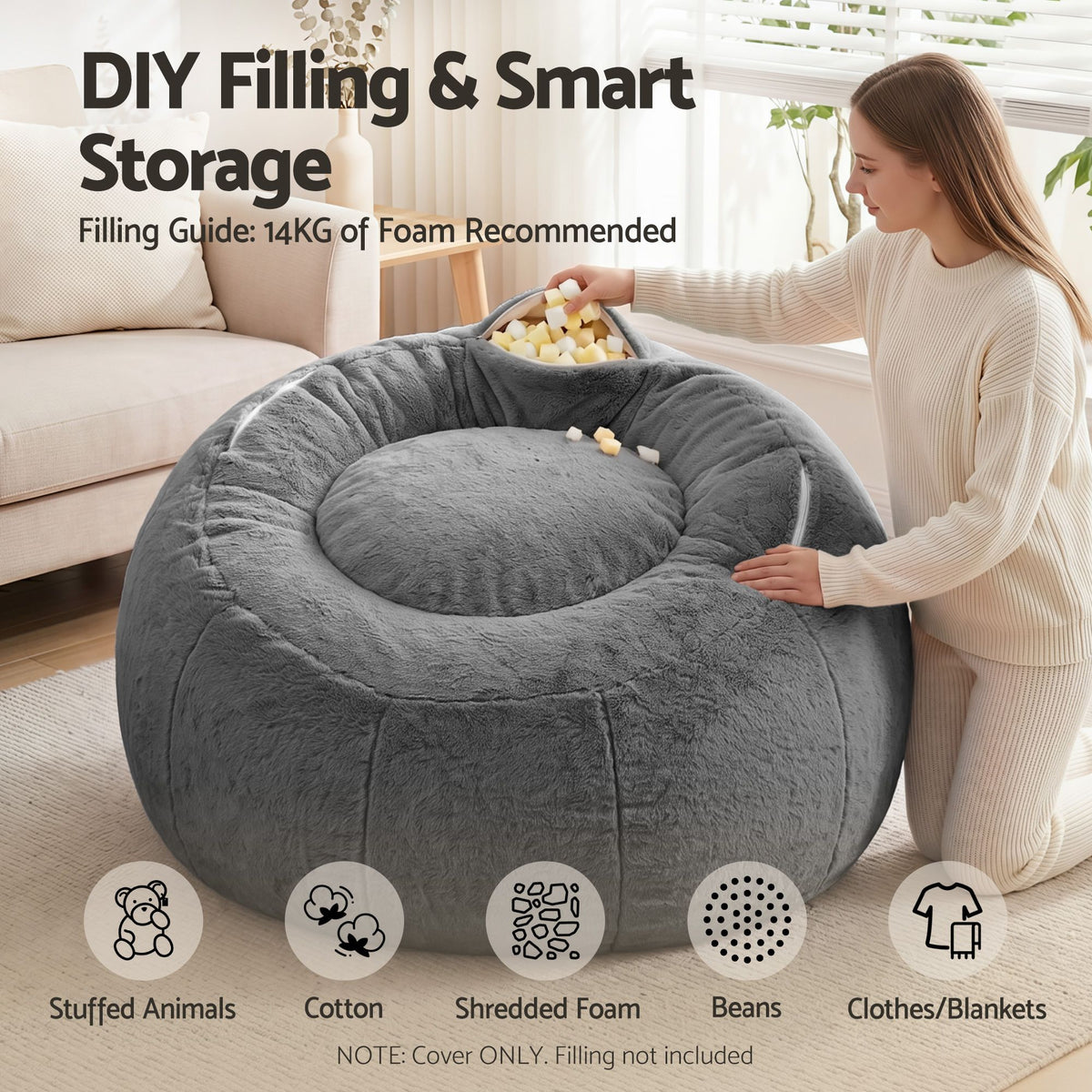Bean Bag Chair Cover (No Filler) Soft Faux Fur Beanbag Cover Large Round Stuffed Animal