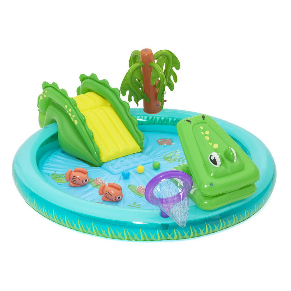 Kids Inflatable Splash Play Pool with Slide Ball Crocodile Fishing Net