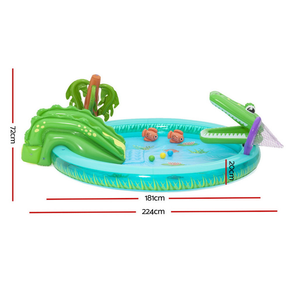 Kids Inflatable Splash Play Pool with Slide Ball Crocodile Fishing Net