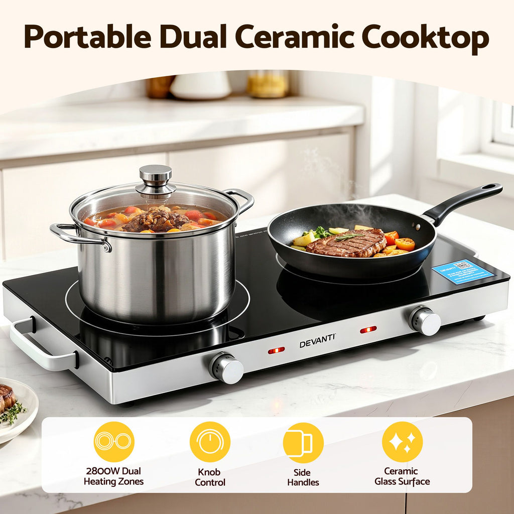 Portable Ceramic Cooktop Dual Burner Electric Hot Plate 2800W Black