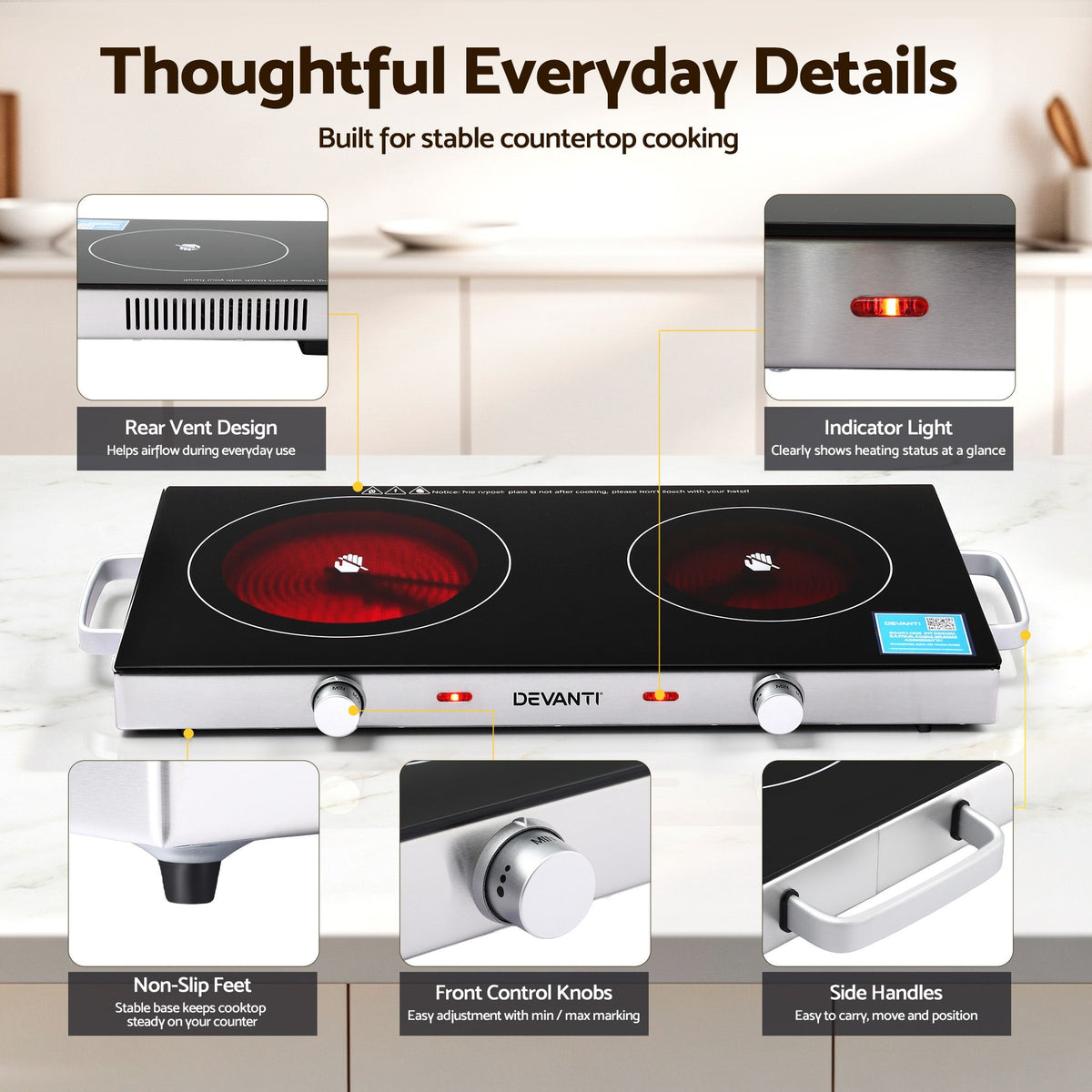 Portable Ceramic Cooktop Dual Burner Electric Hot Plate 2800W Black