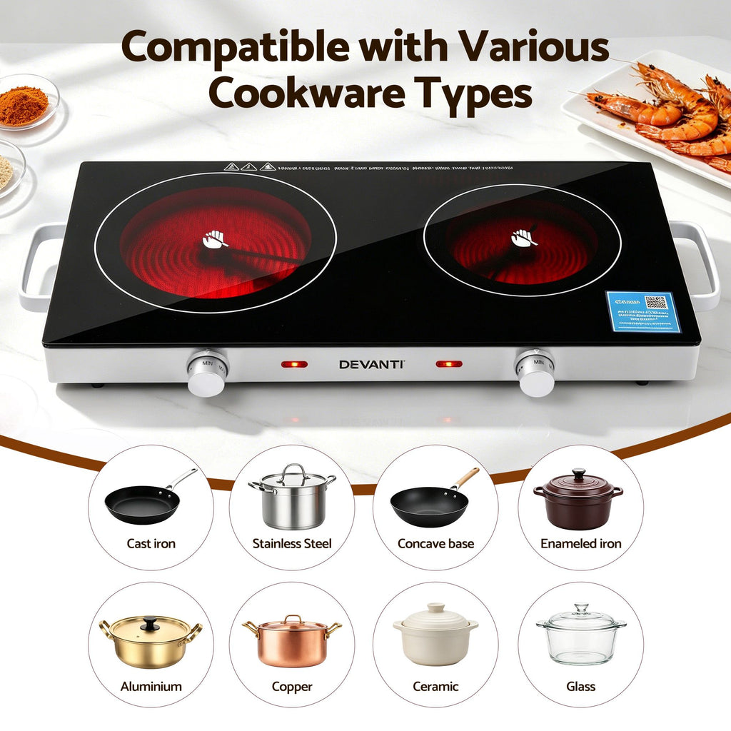 Portable Ceramic Cooktop Dual Burner Electric Hot Plate 2800W Black