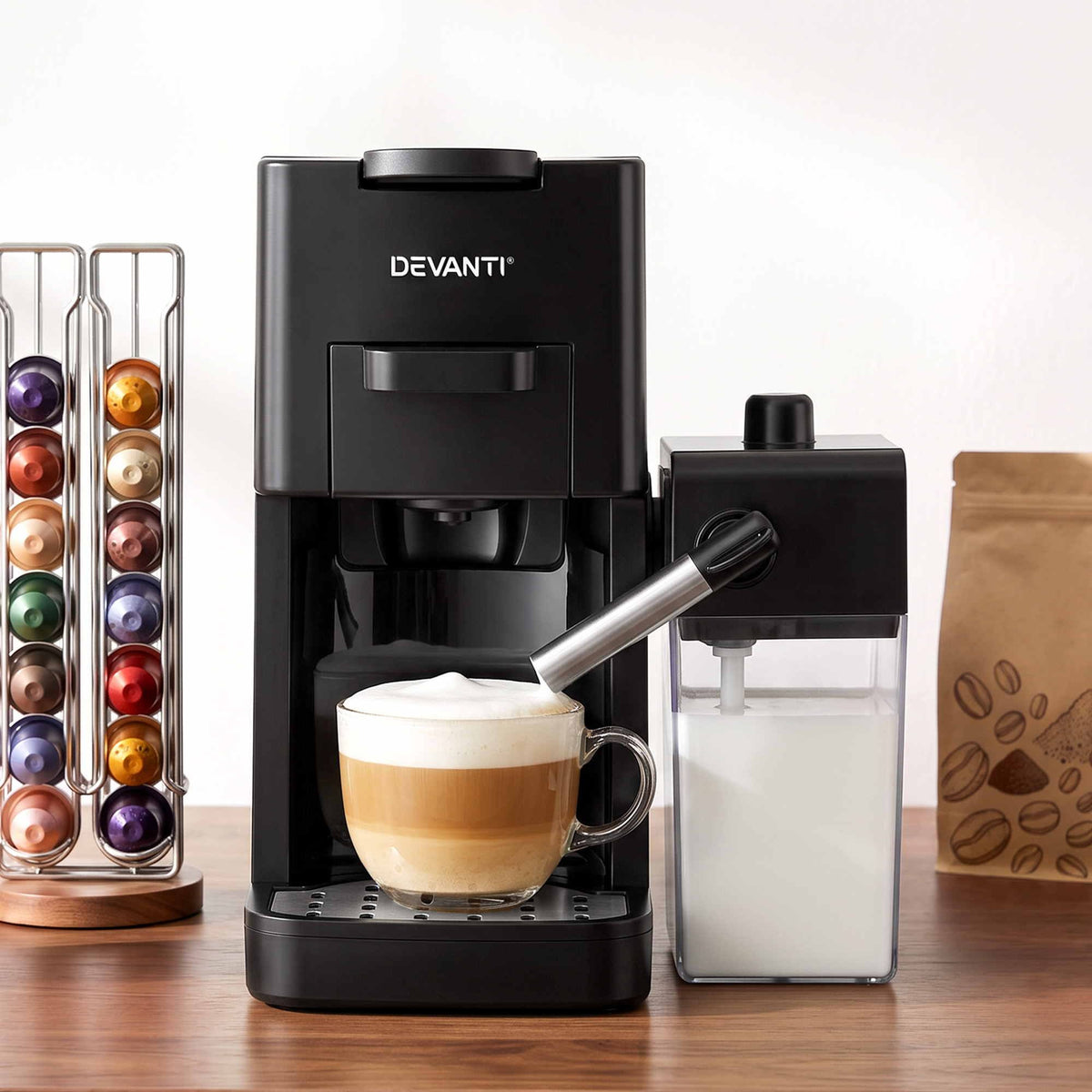 Capsule Coffee Pod Machine with Milk Frother, Black