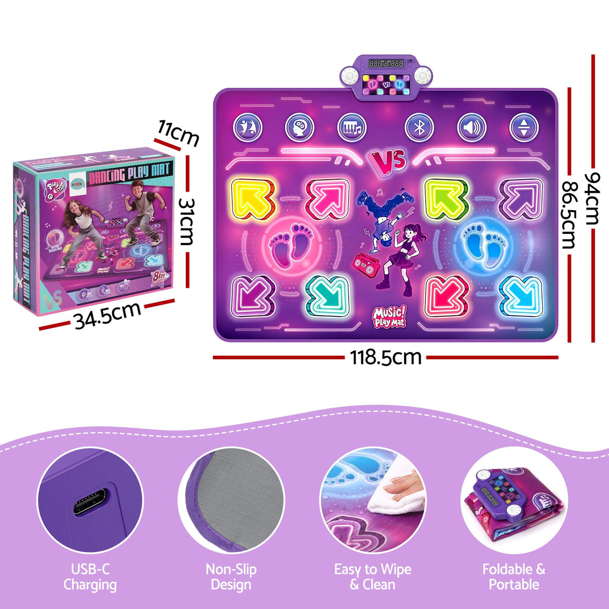 Double Player Dance Mat for Kid Rechargeable Electronic Dance Game Pad with Bluetooth, 4