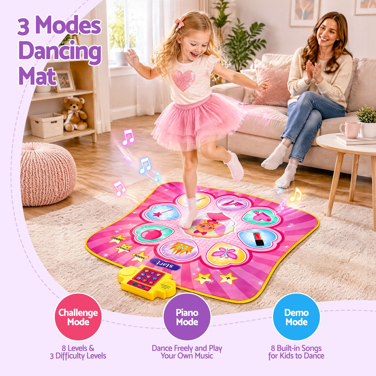 Dance Mat for Kids Age 3-12 Electronic Dance Game Pad Toy with 3 Game Modes, Pink