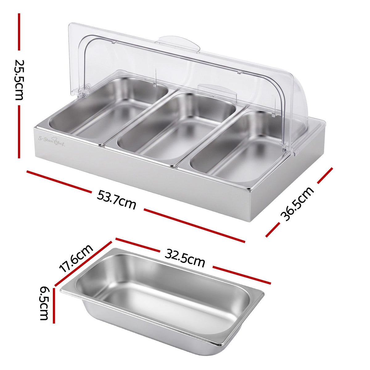 3 Pan Food Serving Display Stainless Steel with Clear Roll Top Cover