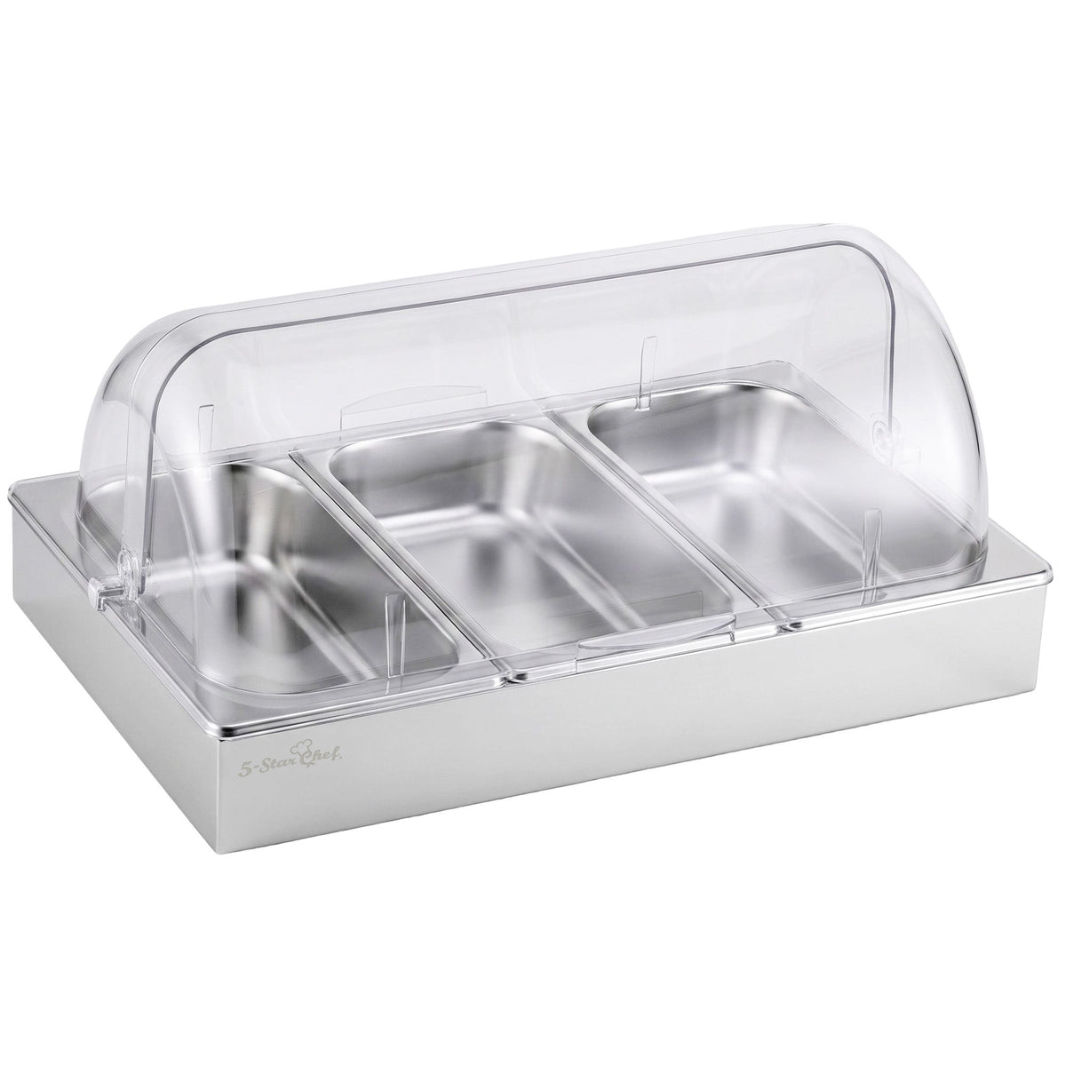 3 Pan Food Serving Display Stainless Steel with Clear Roll Top Cover