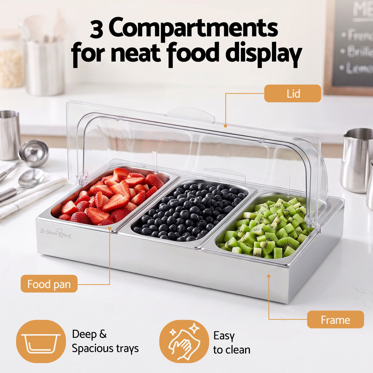 3 Pan Food Serving Display Stainless Steel with Clear Roll Top Cover