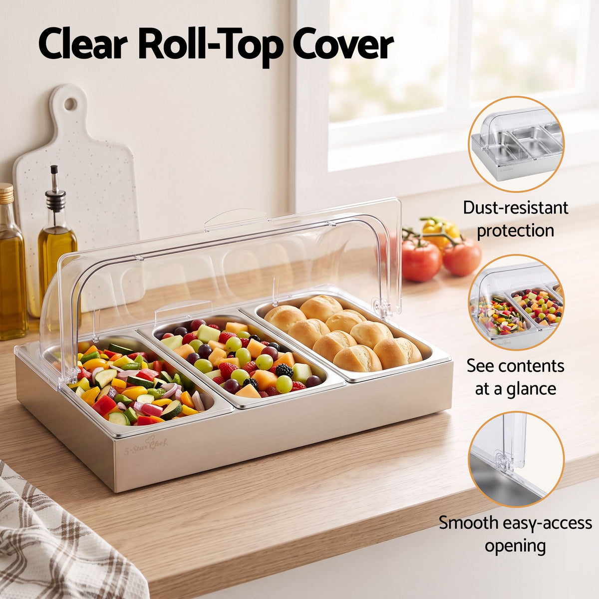 3 Pan Food Serving Display Stainless Steel with Clear Roll Top Cover