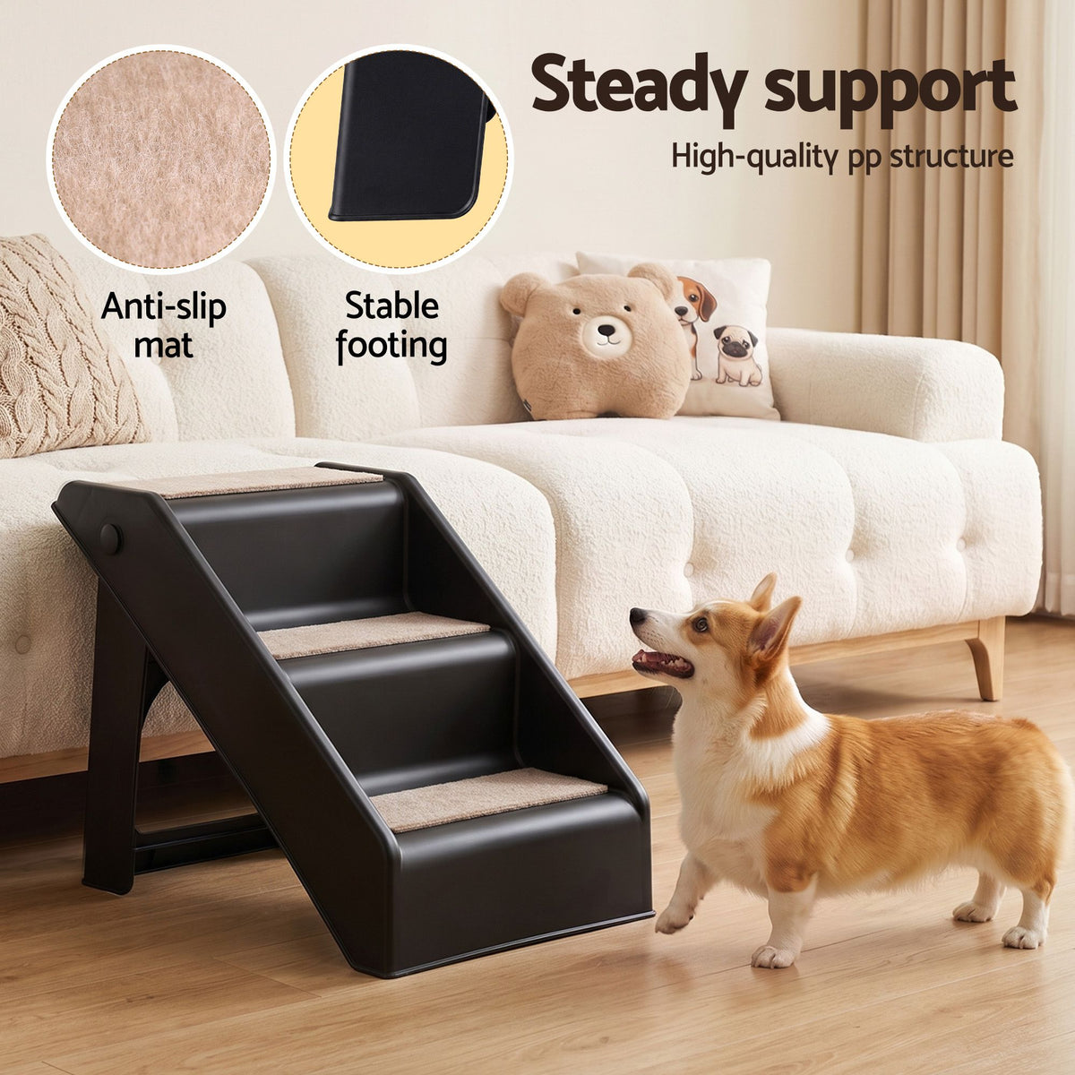 Dog Ramp 3 Steps Pet Stairs For Bed Sofa Car Foldable Portable Ladder Black
