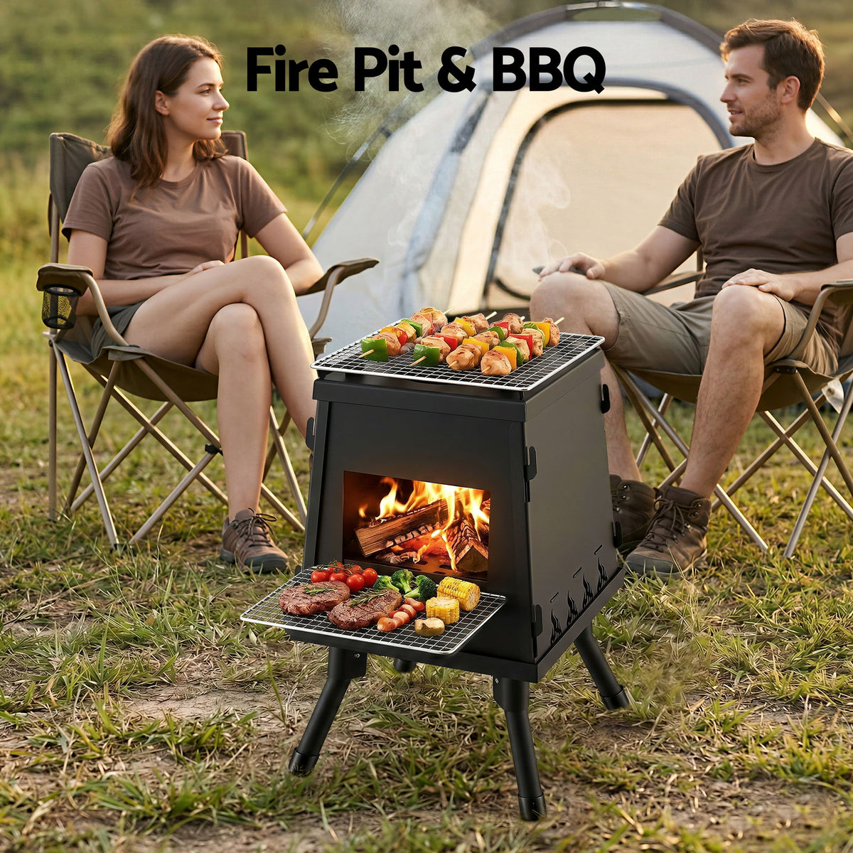 Fire Pit BBQ Portable Outdoor Fireplace Metal Camping Stove for Boiling Water, BBQ,