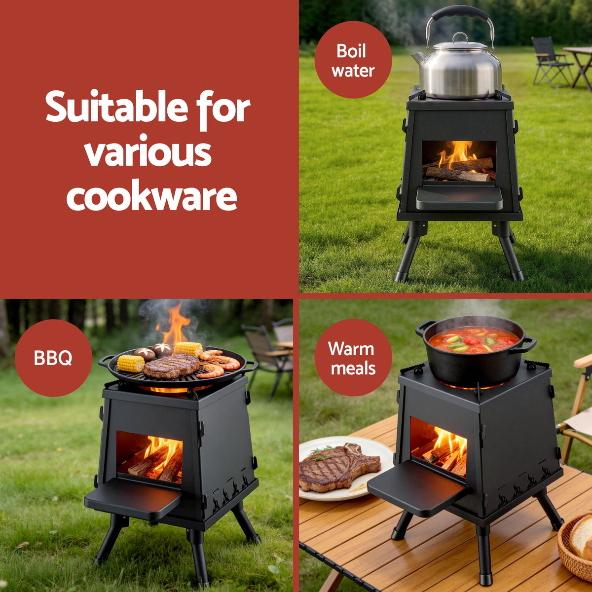 Fire Pit BBQ Portable Outdoor Fireplace Metal Camping Stove for Boiling Water, BBQ,